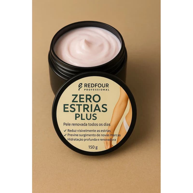 Pote de Zero Estrias Plus 150g aberto, mostrando o creme